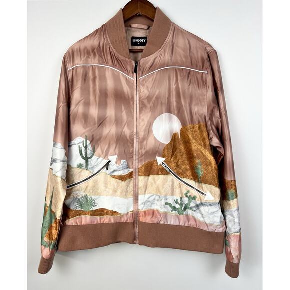 Hooey Satin Bomber Jacket XL Women’s Pink Desert Western Landscape Print Zip Up - Picture 6 of 12